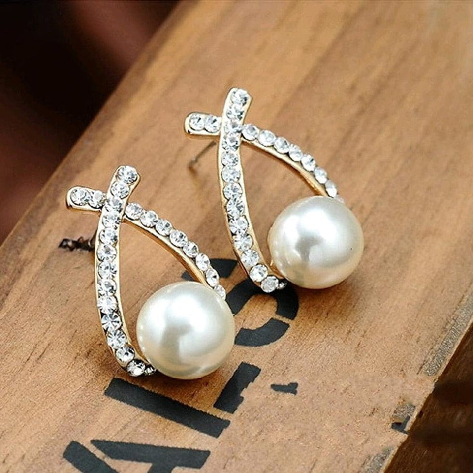 Korea New Fashion Gold Silver Color Cross Crystal Stud Earrings for Women Elegant Cute Pearl Earrings Brincos Jewelry