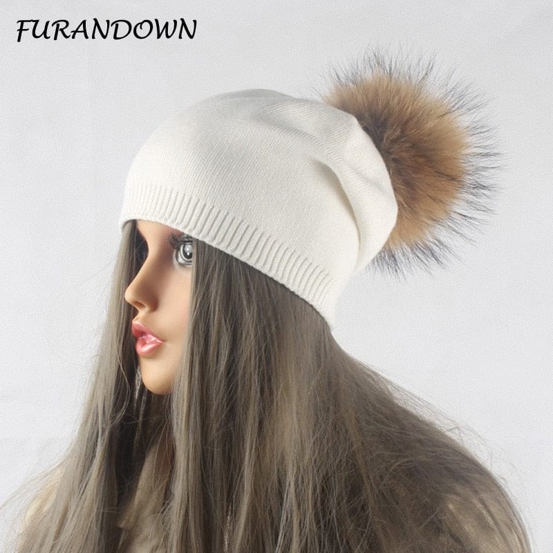 Autumn Winter Warm Knitted Hat Women Wool Skullies Beanies Casual Female Cashmere Beanie Cap Real Raccoon Fur Pompom Hat