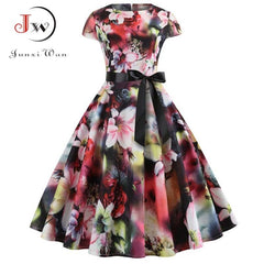 2022 Women Summer Dress Vintage Floral Print Rockabilly Dress Robe Femme Sundress Vestidos Polka Dot Party Dress