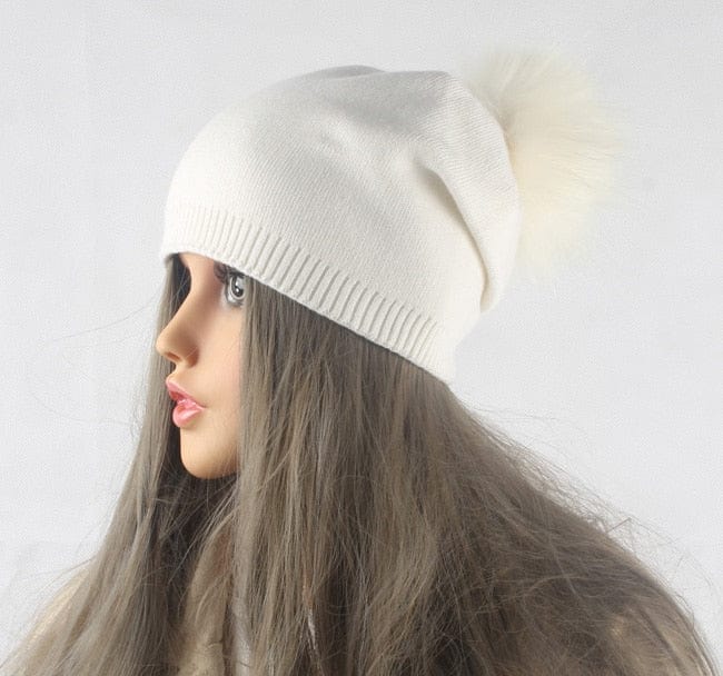 Autumn Winter Warm Knitted Hat Women Wool Skullies Beanies Casual Female Cashmere Beanie Cap Real Raccoon Fur Pompom Hat