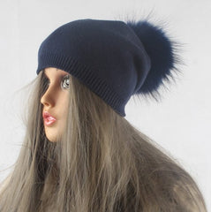 Autumn Winter Warm Knitted Hat Women Wool Skullies Beanies Casual Female Cashmere Beanie Cap Real Raccoon Fur Pompom Hat