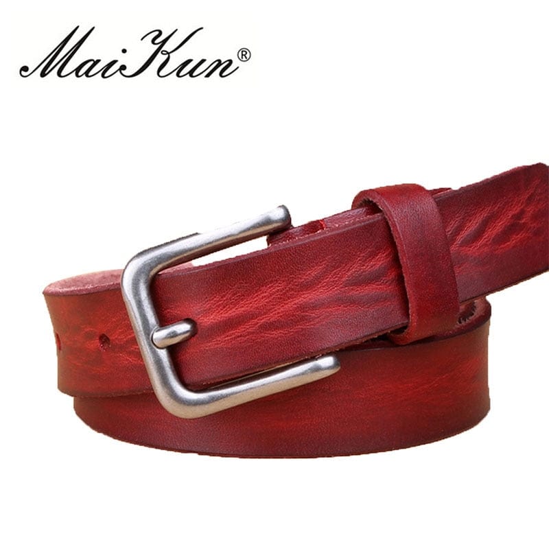 MaiKun Thin Belts for Women Unisex Genuine Leather Belt Female Metal Pin Buckle Belt