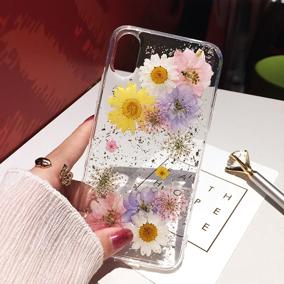 Qianliyao Dried Flower Silver foil Phone Cases For iPhone 14 13 12 11 Pro Max XS Max XR X 6 6s 7 8 Plus SE Soft Silicone Cover