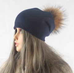 Autumn Winter Warm Knitted Hat Women Wool Skullies Beanies Casual Female Cashmere Beanie Cap Real Raccoon Fur Pompom Hat