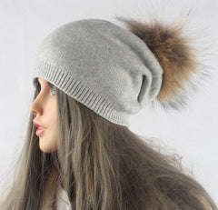 Autumn Winter Warm Knitted Hat Women Wool Skullies Beanies Casual Female Cashmere Beanie Cap Real Raccoon Fur Pompom Hat