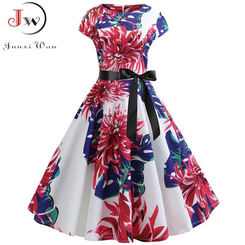 2022 Women Summer Dress Vintage Floral Print Rockabilly Dress Robe Femme Sundress Vestidos Polka Dot Party Dress