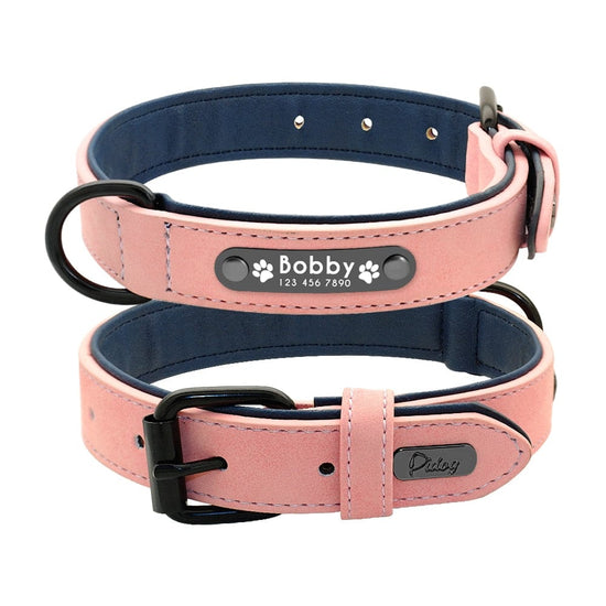 Personalized Dog Collar and Leash Leather Padded Customized Engraved Dogs Collars Lead Rope Set Bulldog Pitbull - Wowza