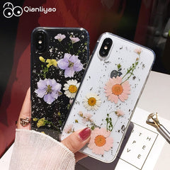 Qianliyao Dried Flower Silver foil Phone Cases For iPhone 14 13 12 11 Pro Max XS Max XR X 6 6s 7 8 Plus SE Soft Silicone Cover