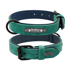 Personalized Dog Collar and Leash Leather Padded Customized Engraved Dogs Collars Lead Rope Set Bulldog Pitbull - Wowza