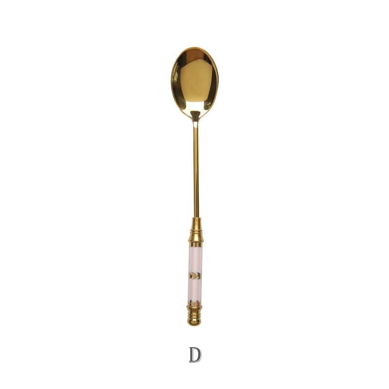 Stainless Steel Dessert Spoon Ceramic Long Handle Icecream Spoon Teaspoon Gold Coffee Cake Fruit Milk Spoon Kitchen Tableware - Wowza