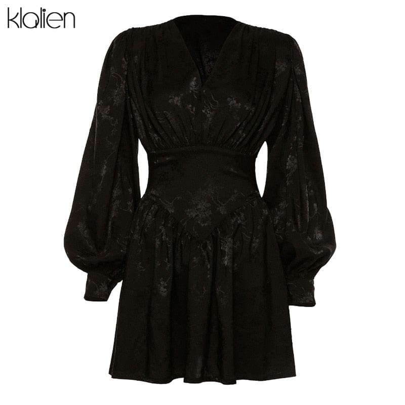 KLALIEN Fashion Black Chiffon Printing Elegant Loose Mini Dress New Women Lantern Full Sleeve Pleated Slim Party Night Dresses