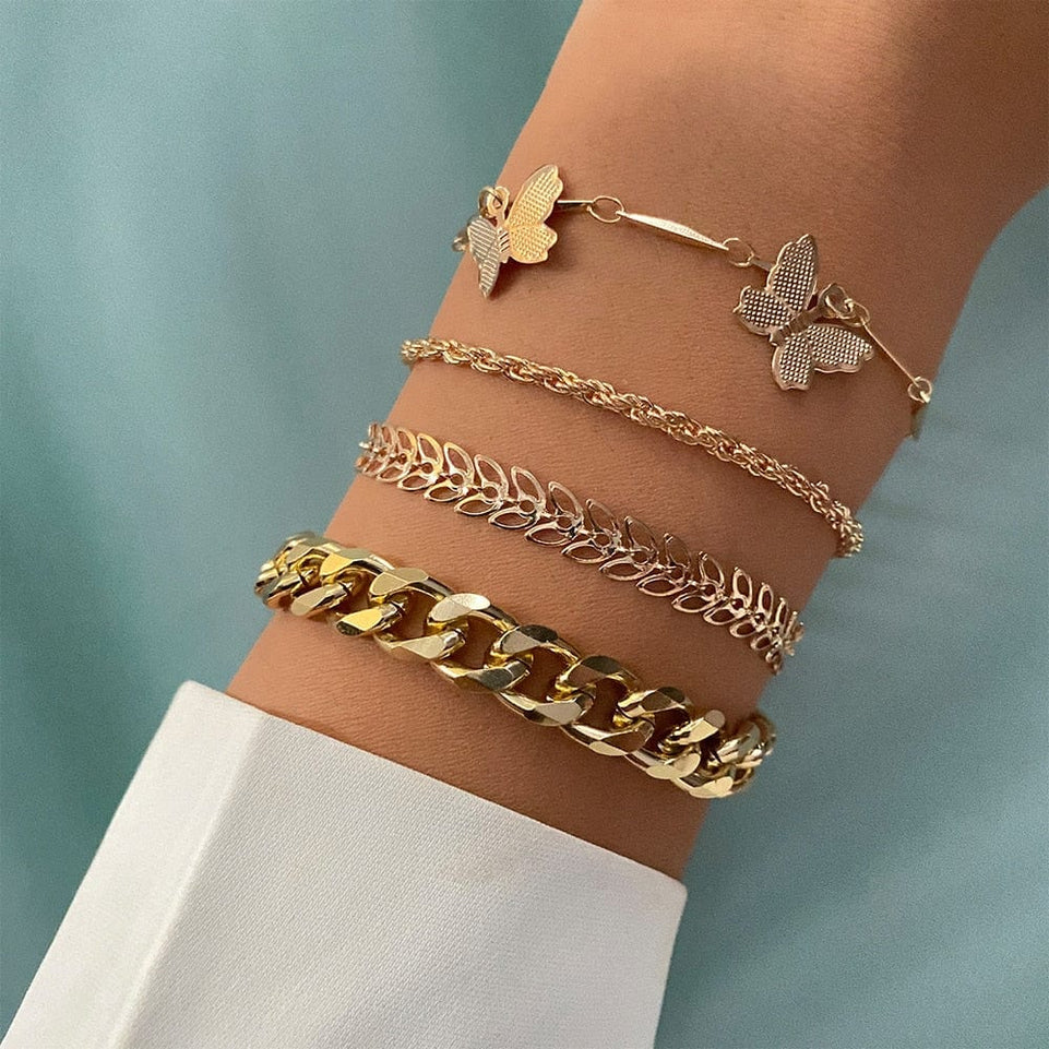 IPARAPunk Gold Color Crystal Thick Chain Bracelet Female Bohemian Geometric Chain OT Buckle Bracelet Set Jewelry Girl Party Gift