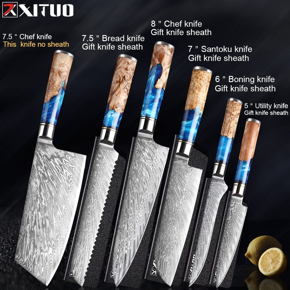 XITUO Kitchen Knives-Set Damascus Steel Chef Knife Cleaver Paring Utility Bread Knife Cooking Tool Blue Resin Handle 1-6Pcs/Set - Wowza