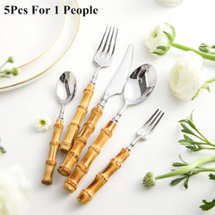 Creative Nature Bamboo Cutlery Set 304 Stainless Steel Steak Cutlery Tableware set Spoon and Fork Hign-end Quality Dinnerware - Wowza