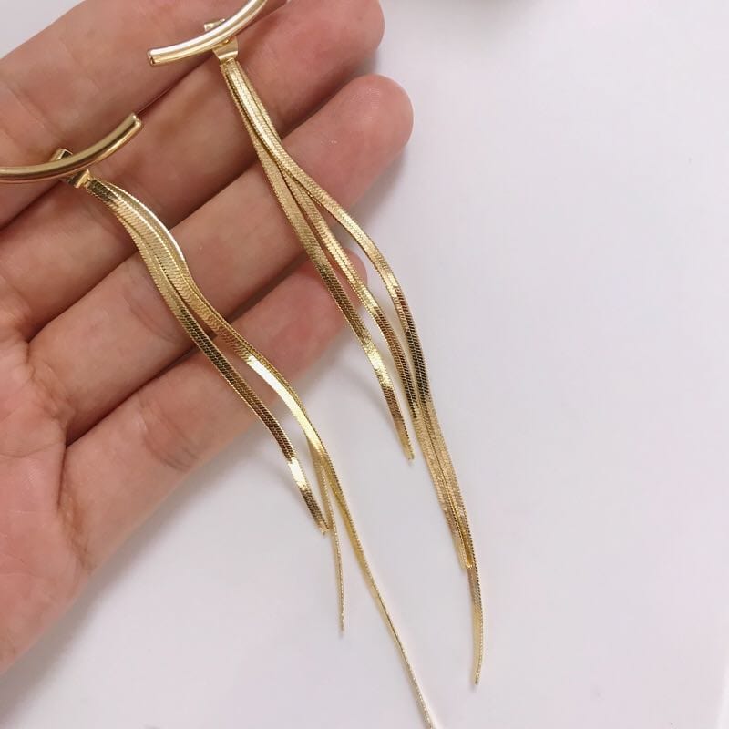 Korean Vintage Glossy Arc Bar Long Tassel Drop Earrings for Women Gold Color Geometric Fashion Jewelry Luxury Hanging Pendientes