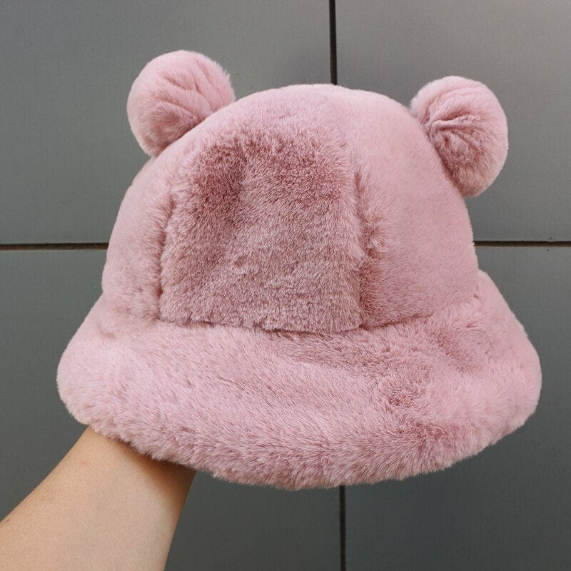 Fashion Autumn Winter Leopard Fur Bucket Hat Bear Ear Ball Plush Fisherman Hat Soft Warm Thick Basin Hat Protection Bucket Hats