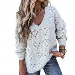 Women Autumn Winter Love Heart Hollow Crochet Sweater Loose V Neck Long Sleeve Casual Knitwear Jumper Rose Red/Pink/Khaki/White