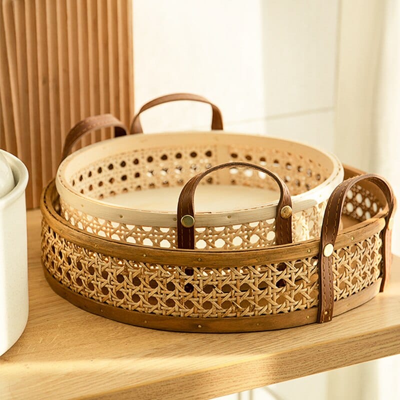 Hand-Woven Round Rattan Storage Basket Wicker Plate Fruit Snacks Serving Tray with Leather Handle - Wowza