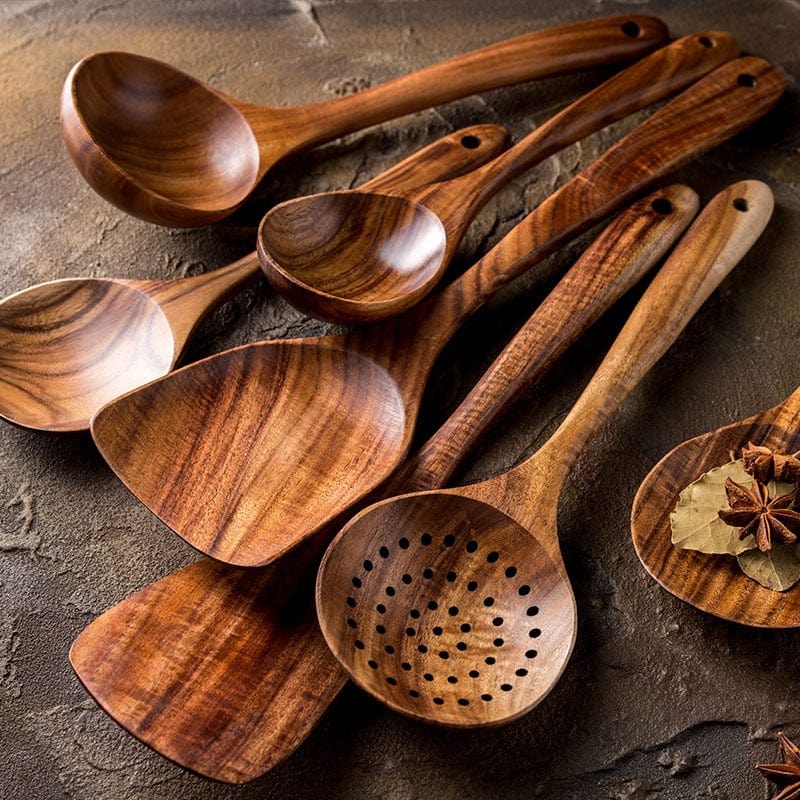 7pcs/set Teak Natural Wood Tableware Spoon Ladle Turner Rice Colander Soup Skimmer Cooking Spoon Scoop Kitchen Reusable Tool Kit - Wowza