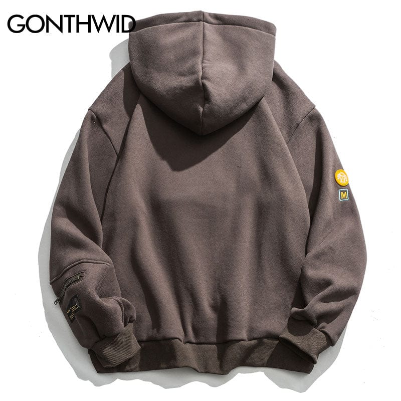 GONTHWID Hoodies Streetwear Hip Hop Zipper Pocket Smile Face Patchwork Hooded Sweatshirts Harajuku Hip Hop Casual Pullover Tops