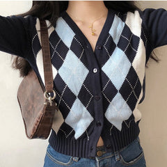 Vintage V-Neck Plaid Long Sleeve Women Sweater 2022 Autumn Winter Short Knitted Cardigan Sweaters Womes England Style Tops