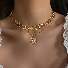 Vintage Carved Coin Thick Chain OT Buckle Necklace Bohemian Punk Metal Coin Collar Choker Necklace Fashion Women Punk Jewelry