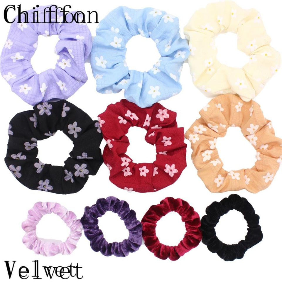 Scrunchies Set Hair Accessories Velvet Chiffon ties band Sequins organza Ponytail Holder Headwear No Crease Leopard Solid  10pcs