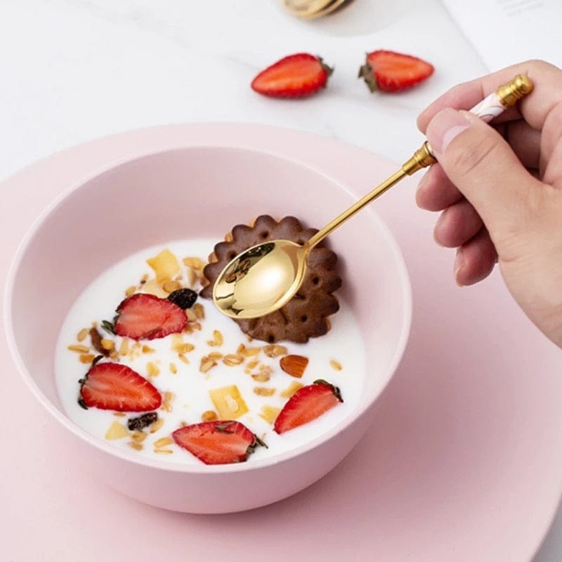 Stainless Steel Dessert Spoon Ceramic Long Handle Icecream Spoon Teaspoon Gold Coffee Cake Fruit Milk Spoon Kitchen Tableware - Wowza