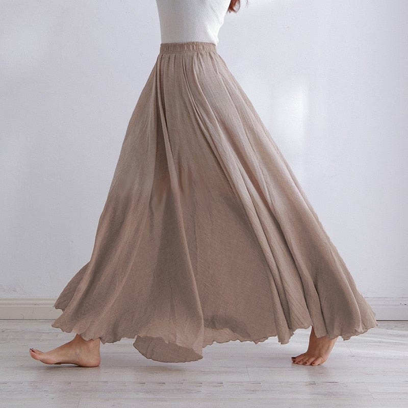 High Quality Cotton Linen Maxi Skirt Womens Casual Elastic High Waist Pleated A-Line Beach Skirts Boho Saia Feminina Faldas Jupe