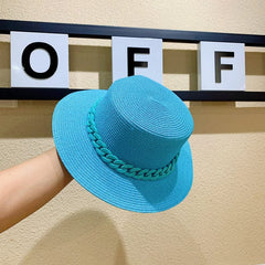 Macaron color straw hat sun hat flat top Korean fashion color chain with top hat acrylic beach hat candy color sun hat