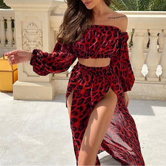 Summer Beach Dress Women Casual Cover Up Swimsuit Two Piece Dress Robe Bikini Dresses Chiffon Leopard Cover-ups 2021 Beach Dress