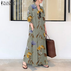 Elegant Printed Shirt Dress Women's Autumn Sundress ZANZEA Casual Long Sleeve Maxi Vestido Female Lapel Button Robe