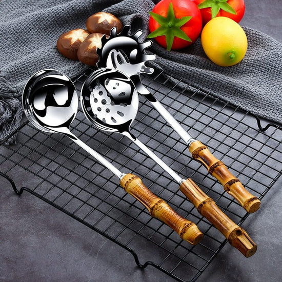 Metal Colander Stainless Steel Spoon Noodle Spoon Colander Bamboo Handle Practical Pasta Tools Soup Scoop Kitchen Accessories - Wowza
