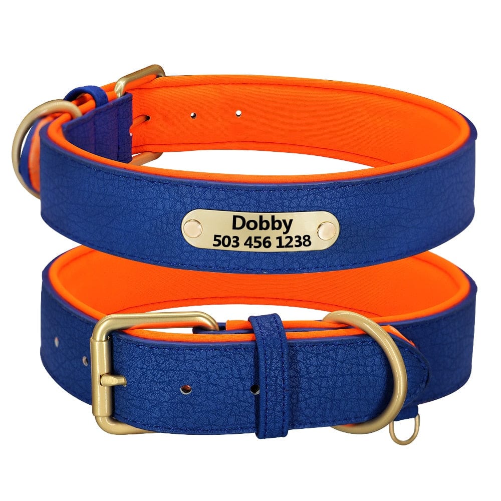 Custom Engraved Dog Collar Leather Padded Dogs Collars With Personalized ID Plate Tag 2 Layers For Small Large Dogs Pitbull - Wowza