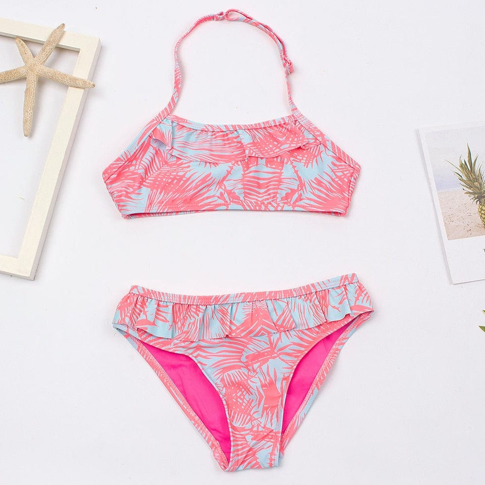 Children Girls Bikini Set 2023 Falbala Two-Pieces Swimming Suit Summer Halter Kids Girl Swimwear Swimsuit Bandage Bathing Suit
