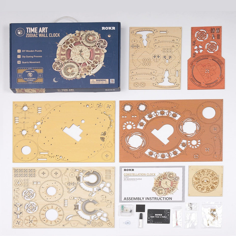 Robotime ROKR Time Art Zodiac Wall Clock 3D Wooden Puzzle Games Model Building Kits Toys for Children Kids LC