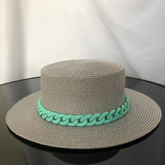 Macaron color straw hat sun hat flat top Korean fashion color chain with top hat acrylic beach hat candy color sun hat