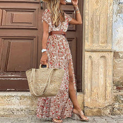 HOT SALE!! Boho Women V Neck Short Sleeve Paisley Print Belt Large Hem Beach Long Dress print dress summer beach dress with belt