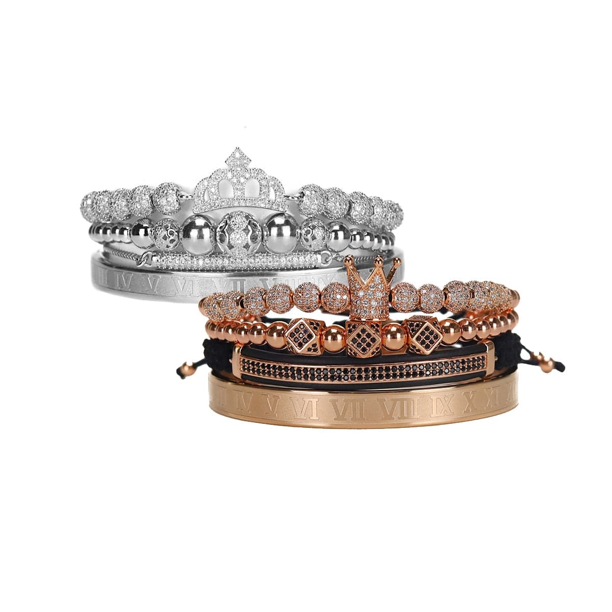 Luxury Royal King Queen Crown Charms Colorfast Bracelet Stainless Steel CZ Beads  Bracelets Bangles For Men Women Lover Jewelry