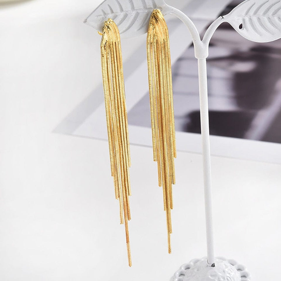 Korean Vintage Glossy Arc Bar Long Tassel Drop Earrings for Women Gold Color Geometric Fashion Jewelry Luxury Hanging Pendientes