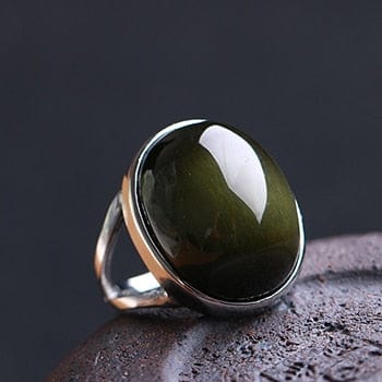 Natural Obsidian Ring Green Cat Eye Stone S925 Sterling Silver Mosaic Ring Simple Men Women Gift Crystal Ring Jewelry