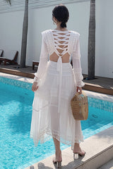 Women Summer Dress Sexy Chiffon Long Sleeve Hollow Out Bandage Back Ruched White Fairy Ladies Fashion Beach Holiday Dresses