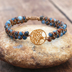 Handmade Natural African Stone Beaded Boho Yoga Wrap Bracelet & Bangle Stainless Steel Tree of Life Braided Charm Bracelet