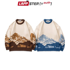 LAPPSTER-Youth Men Harajuku Moutain Winter Sweaters 2023 Pullover Mens Oversized Korean Fashions Sweater Women Vintage Clothes