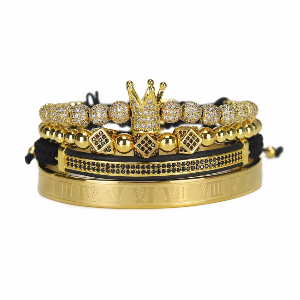 4pcs/set Luxury Stainless Steel Beads Royal King Crown Men Bracelet CZ Roman Bracelets & Bangles Keep Color Rock Punk Jewellery