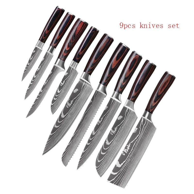 3/4/5/6/8/9Pcs/set Stainless Steel Damascus Pattern Chef Knives Set Kitchen Knife Set Butcher Boning Knife Vegetable Knives - Wowza