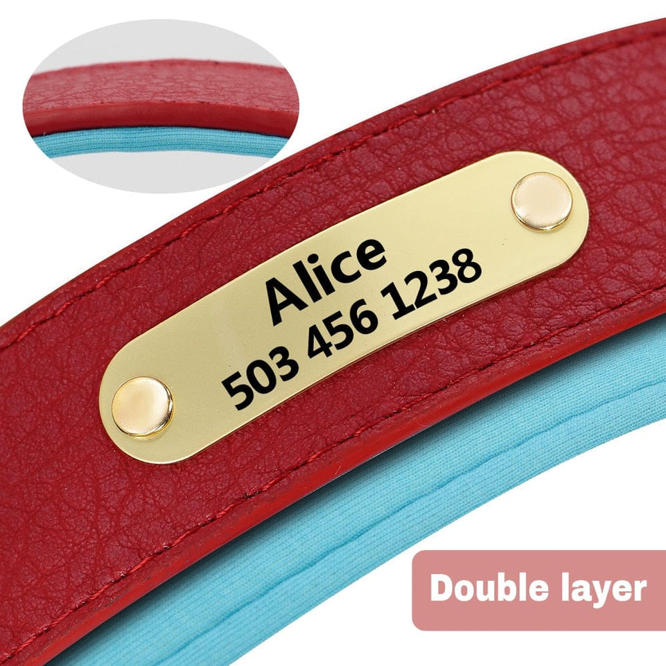 Custom Engraved Dog Collar Leather Padded Dogs Collars With Personalized ID Plate Tag 2 Layers For Small Large Dogs Pitbull - Wowza