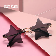 SO&EI Vintage Unique Star Shape Mirror Rimless Sunglasses Women Fashion Clear Ocean Lens Eyewear Men Trending Sun Glasses Shades