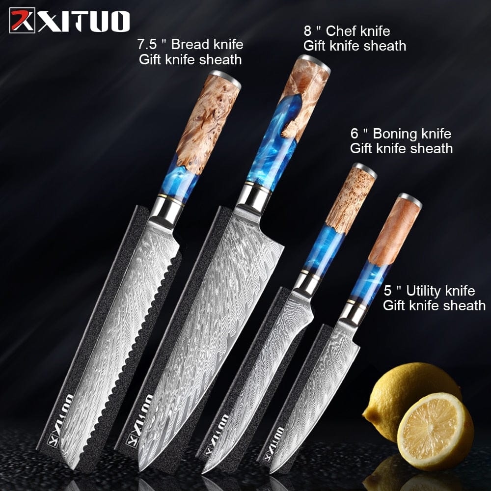 XITUO Kitchen Knives-Set Damascus Steel Chef Knife Cleaver Paring Utility Bread Knife Cooking Tool Blue Resin Handle 1-6Pcs/Set - Wowza