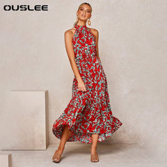 OUSLEE Summer Casual Long Dress Boho Style Halter Polka Dot Dresses Women Elegant Party Print Maxi Dresses Ladies Vestidos Mujer